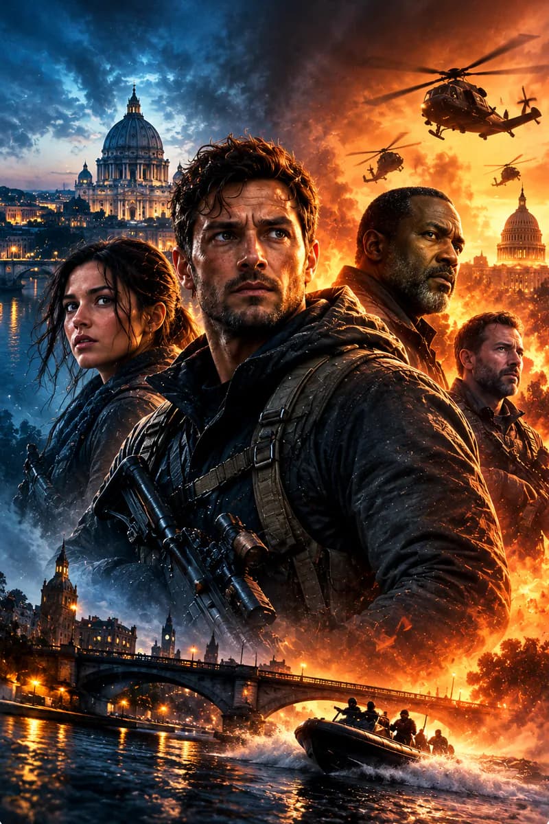 Sfeerbeeld voor het genre actie en thriller: een team bij een rivier in een avondlijke stad