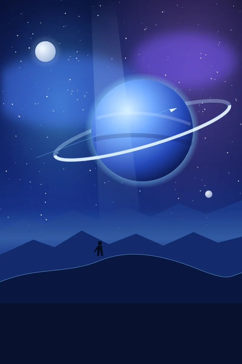 Sfeerbeeld voor het genre sciencefiction: een geringde planeet boven een buitenaards landschap