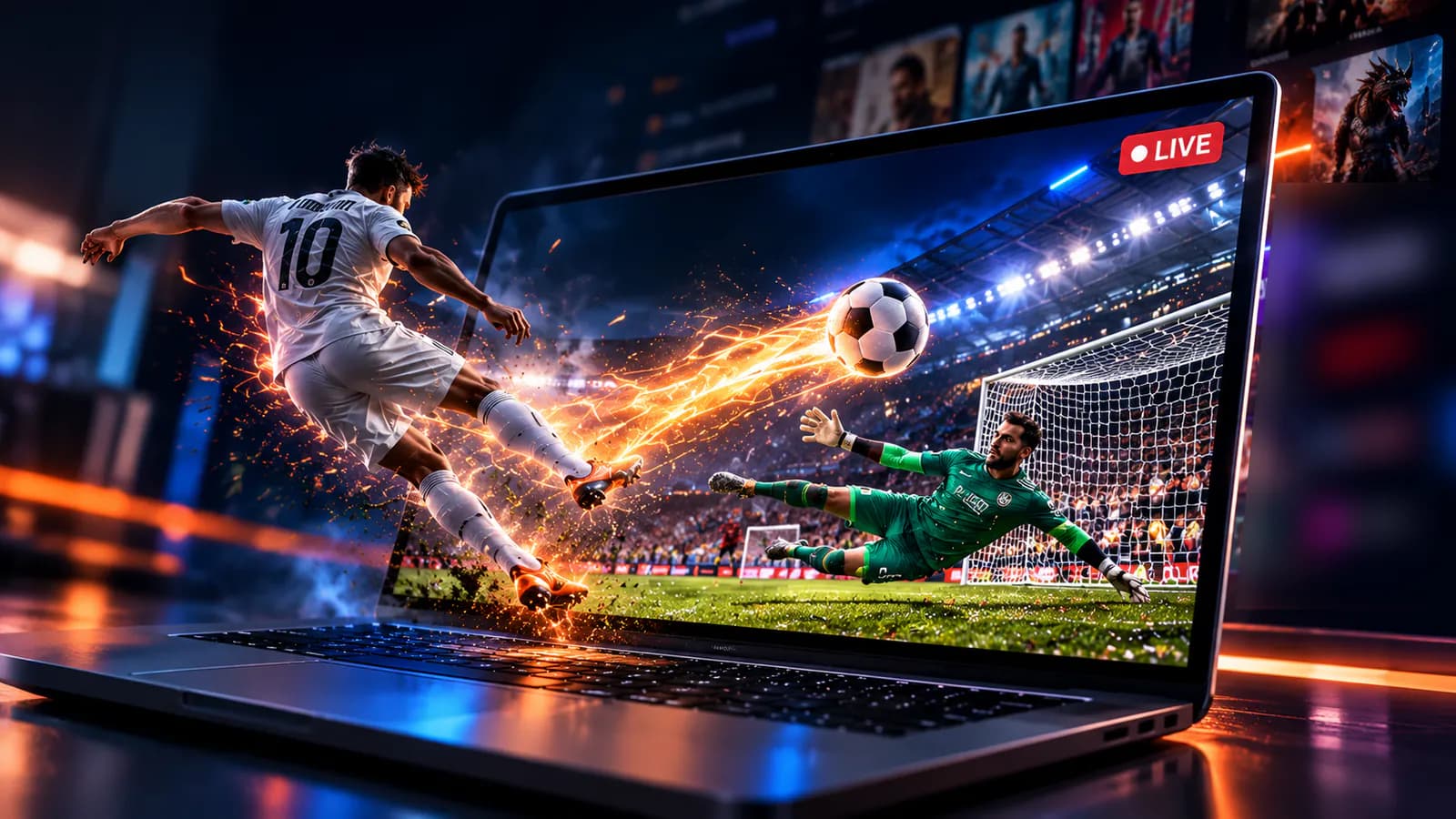 Live voetbal op een laptop: een speler schiet de bal vanuit het scherm richting het doel, met een LIVE-label